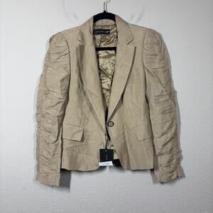 Zara Womens Small Ruched Sleeves Single Breasted Blazer Jacket Tan Career